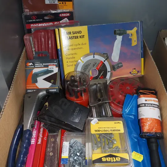 box; air sand blaster kit, builder's pencils, pop rivetter etc