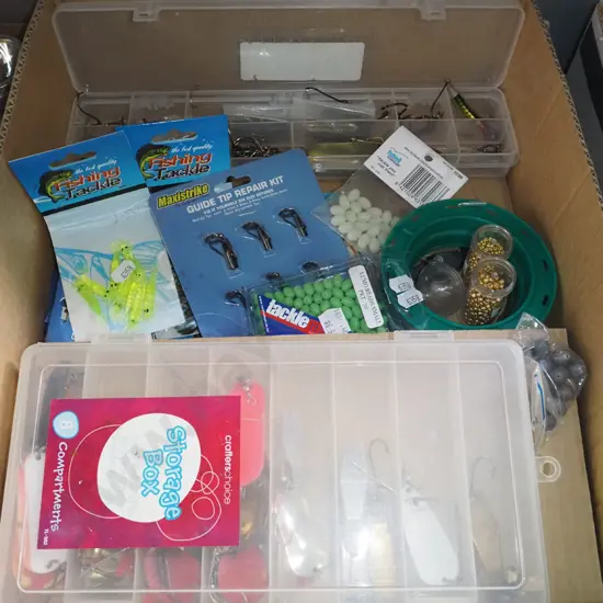 box; guide tip repair kit, soft baits, lures, hookds etc