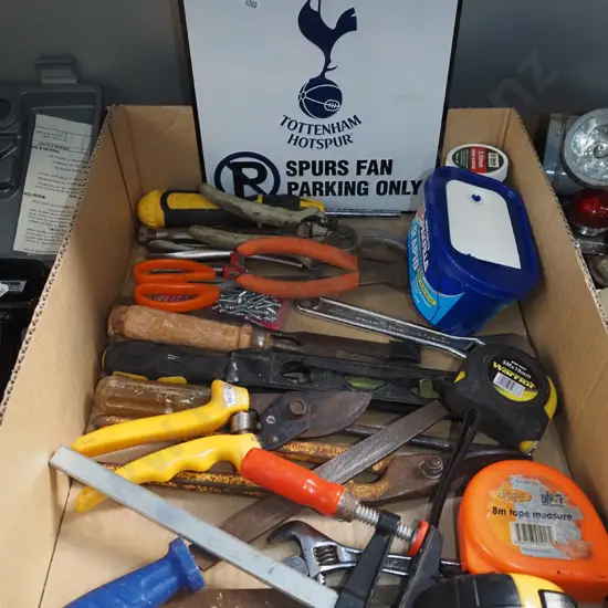 box; tin snips, secateurs, tape measures, Tottenham Hotspurs parking sign etc