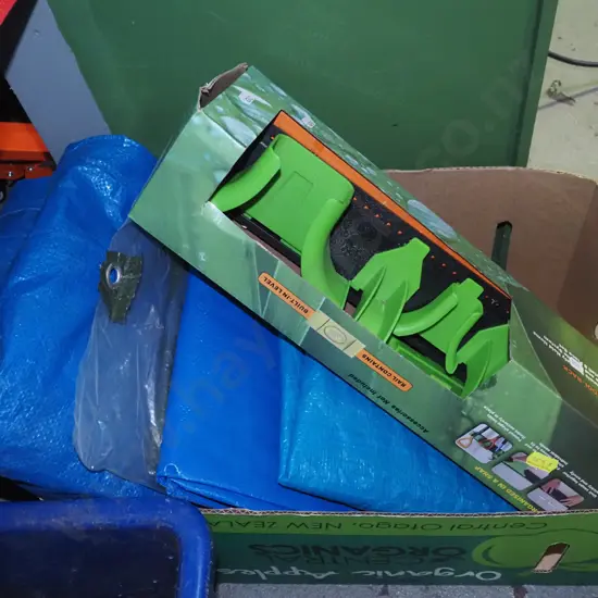 box; tarpaulins, plastic garden tool rack