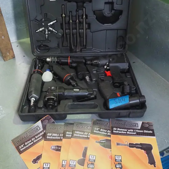 cased Blackridge air powered tool sets; drill, ratchet wrench, die grinder, angle grinder, impact wrench, air hammer