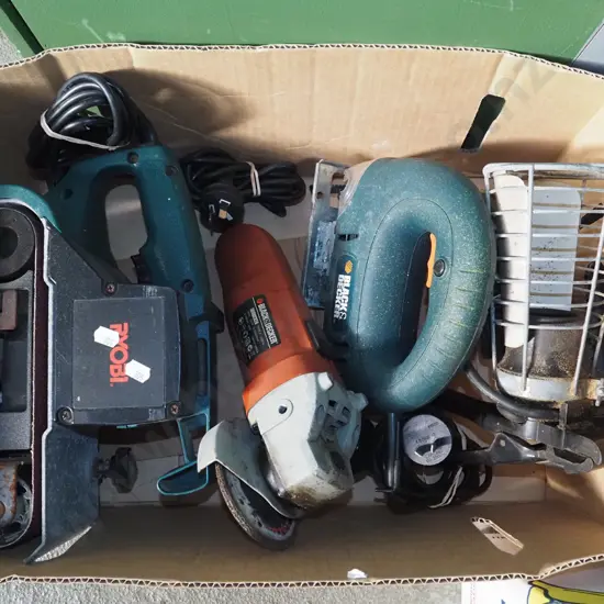 box; belt sander, angle grinder, trouble light