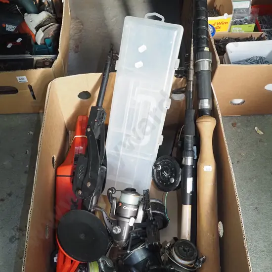 box; fishing rods, reels, tackle box etc