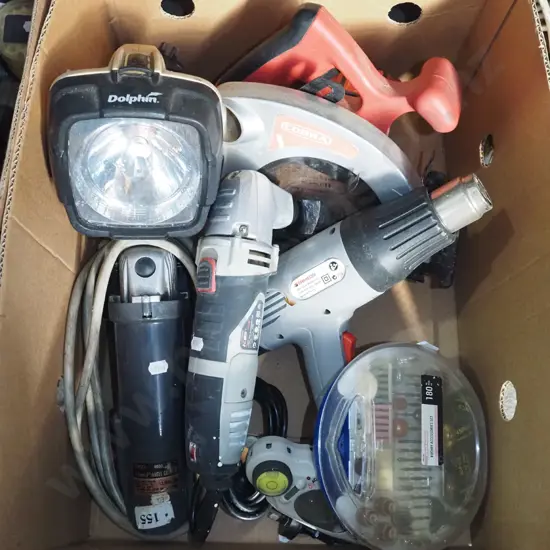 box; heat gun, skilsaw, angle grinder, multi tool etc