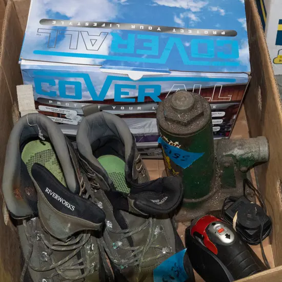 box; boat cover, 5 tonne bottle jack, wading boots etc