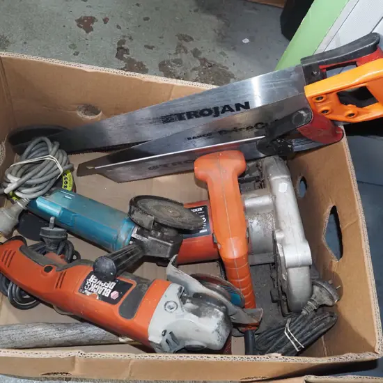 box; angle grinders, skilsaw, hand saws etc