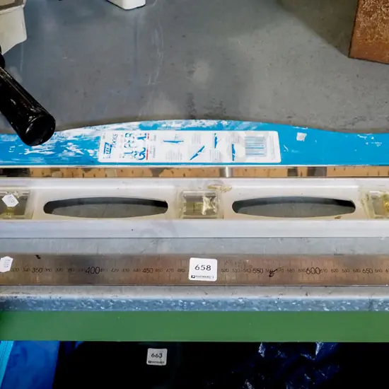 stainless steel metre rule, builder's level, paper hangers cutting blade