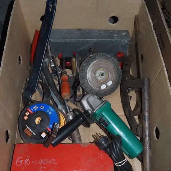 box; angle grinder, grinding discs, clamp etc