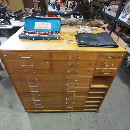 solid rimu and chipboard chest with 8 plan drawers and 9 smaller drawers plus shelving