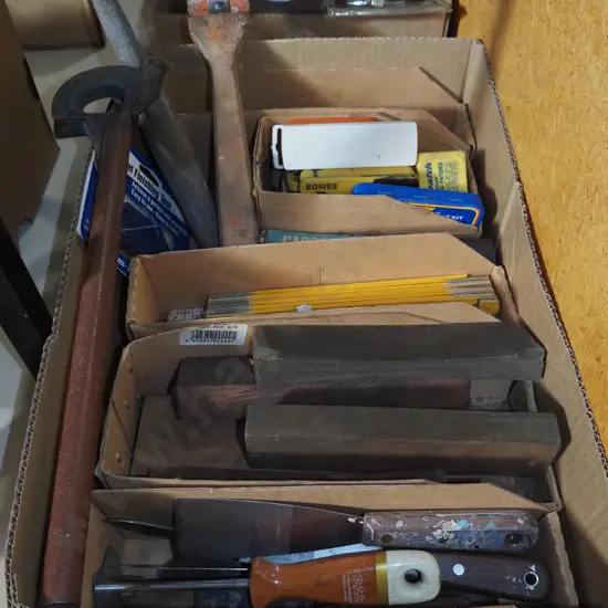 box; sharpening stones, rules, scrapers etc
