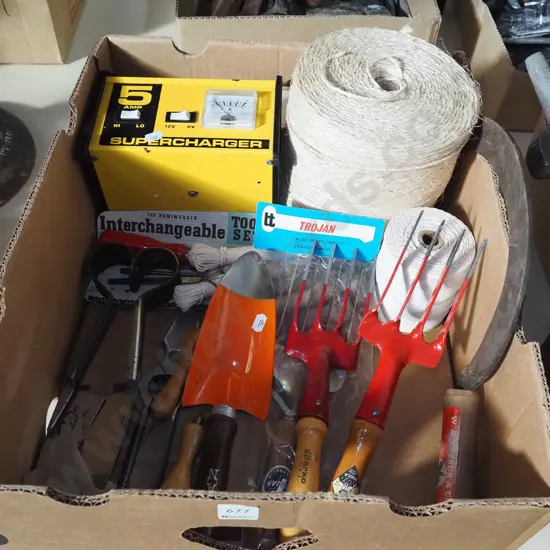 box; battery charger, garden hand tools, string etc