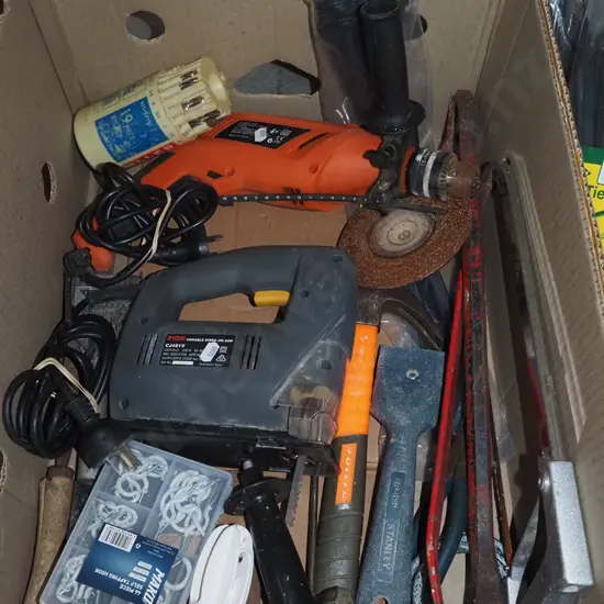 box; jigsaw, wrecking bar, hack saw etc