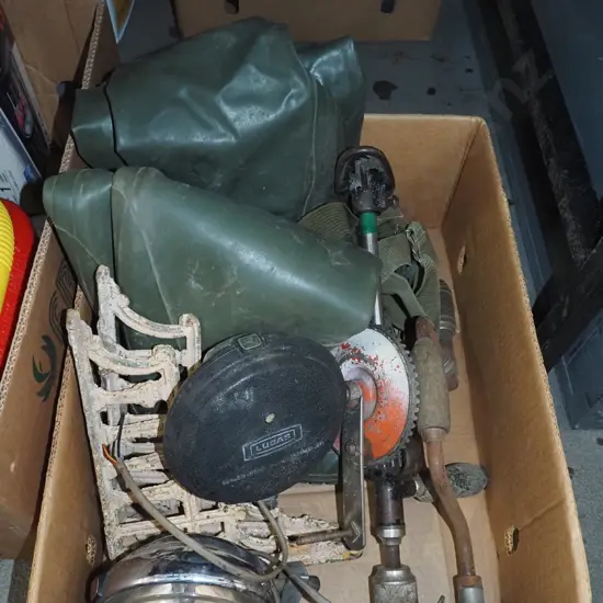 box; waders, hand operated drill, car lights etc