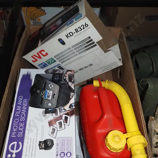 box; petrol container, old car stereo head etc
