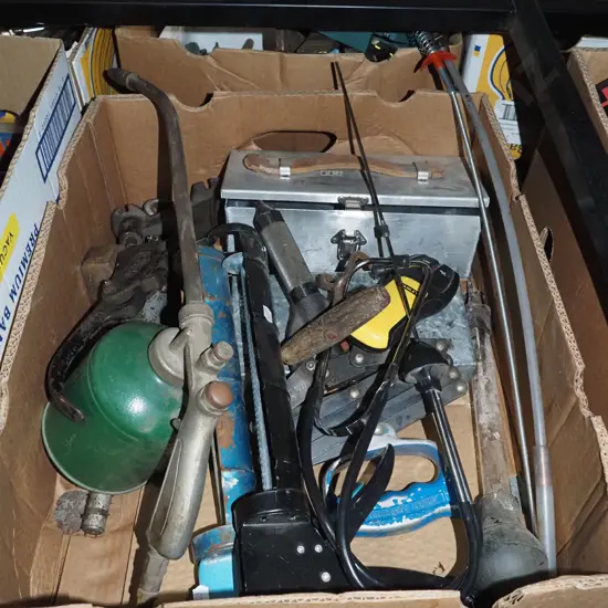 box; caulking guns, pop rivetter, stud finder, bail hooks etc