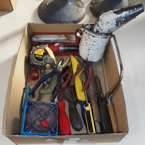 box; spoke shaves, screwdrivers, tape measure etc