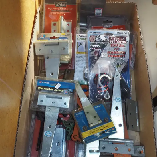 box of hinges, window stays, tie-downs etc