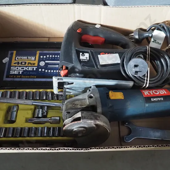 box; socket set, angle grinder, jig saw
