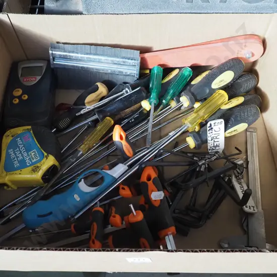 box; hex keys, screwdrivers, stud finder etc