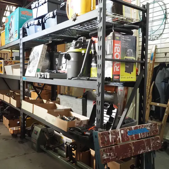  black metal and wire mesh adjustable workshop shelf H-1835 W-1960 D-610