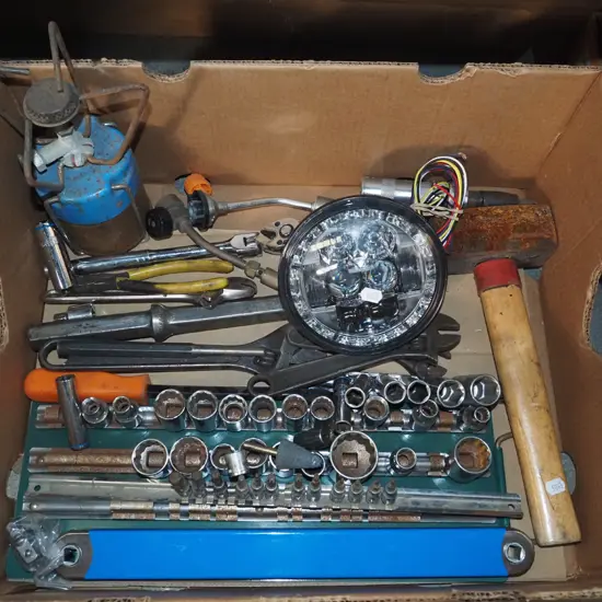box; sockets, car light, heavy hammer etc