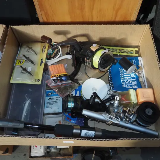box; telescopic fishing rods, reel, lures etc