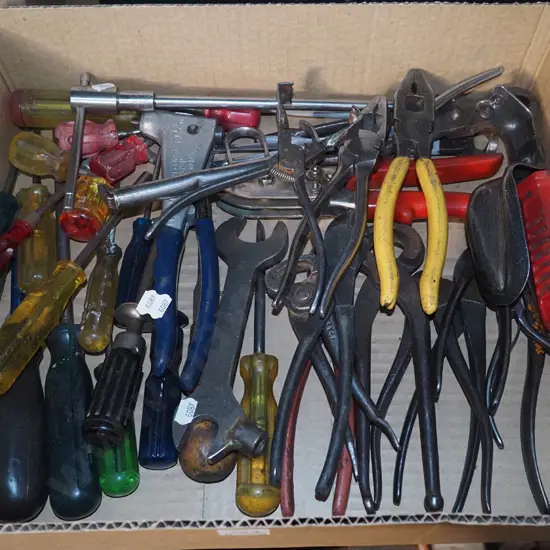 box; pliers, pincers, screwdrivers etc