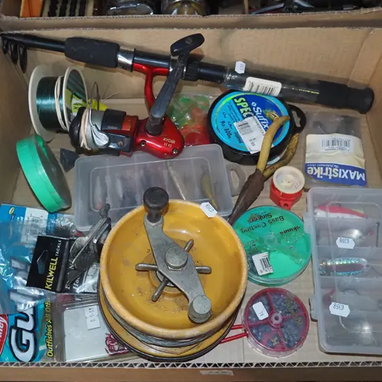 box; telescopic fishing rod, lures, line etc