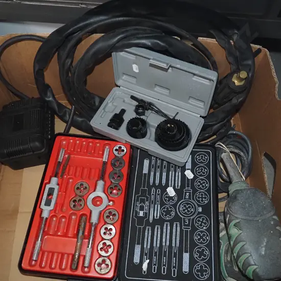 box; part tap and die set, orbital sander, hole saw  etc