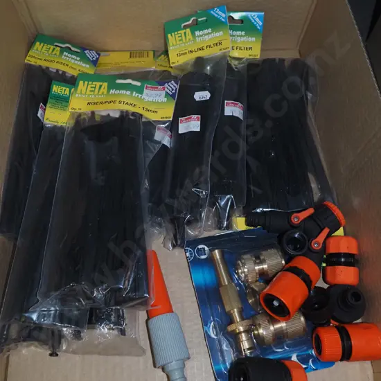 box; irrigation supplies; stakes, filters, hose attachments
