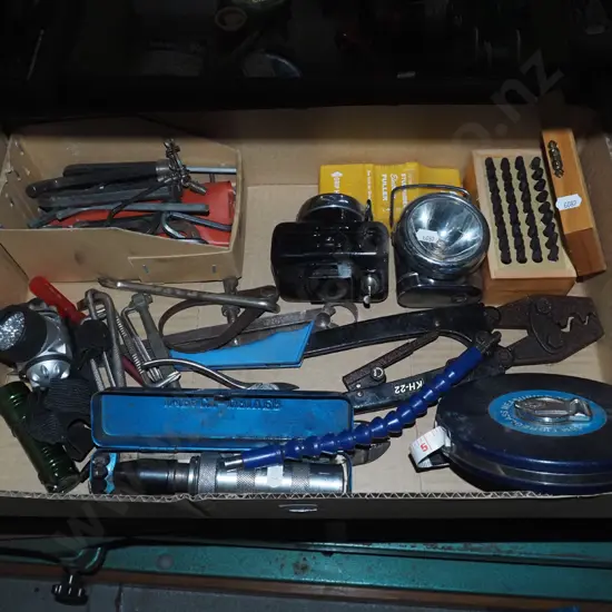 box; tape measure, impact driver, alphabet punches etc