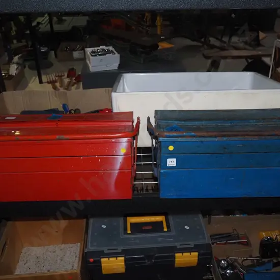 red and blue metal concertina tool boxes