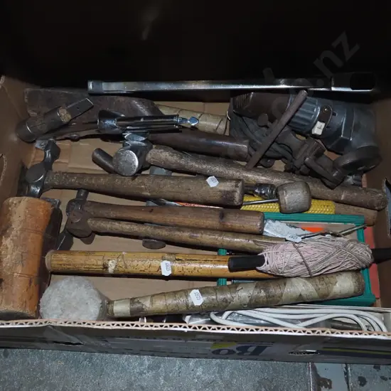 box; hammers, hack saw, electric knibbler etc