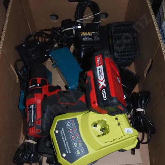 box; Ozito battery drill - no charger, various battery chargers