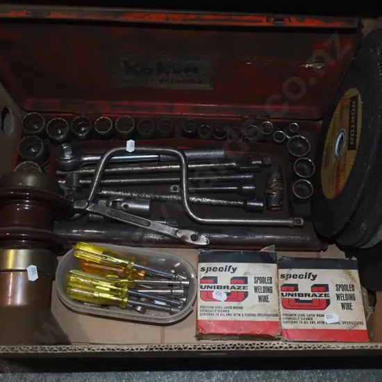 box; socket set, metal cut off discs, ceramic insulator etc