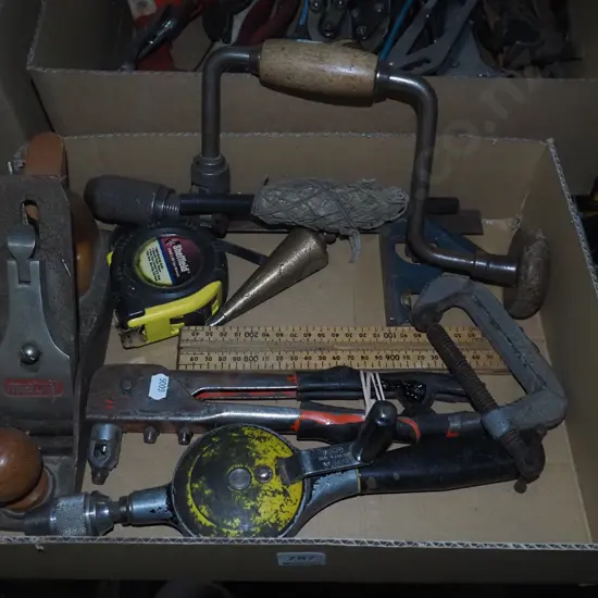 box; plumb bob, hand plane, builder's rule etc