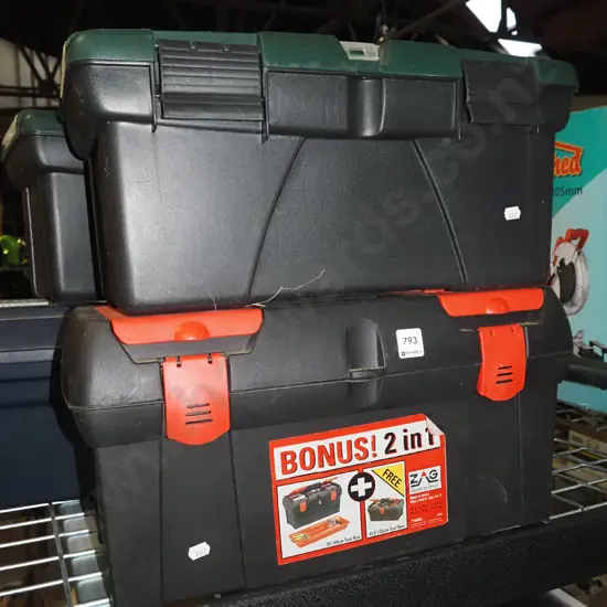 2x black plastic tool boxes