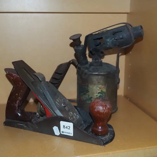 vintage brass blow torch, hand plane