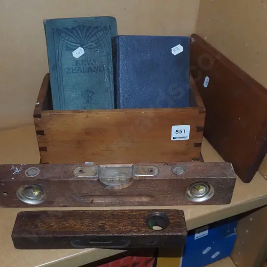 vintage map engineer's book, builder's level, lidded wooden box