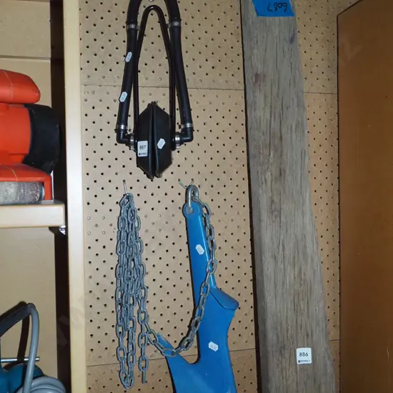 blue plastic boat anchor, pair of outboard engine muffs