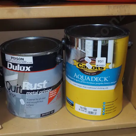 4L Dulux rust metal primer, 5L Cabots aqua deck