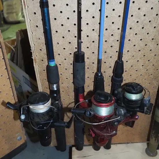 4x small fishing rods and reels - orange dots