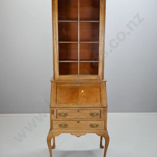 reproduction oak and elm cab-leg bookcase bureau w/swan neck pediment, glazed door w/wooden astragals, drop front