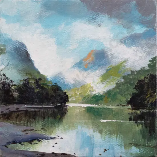 A Newland - small oil on boxed canvas - lake and mountain scene H-150 W-150
