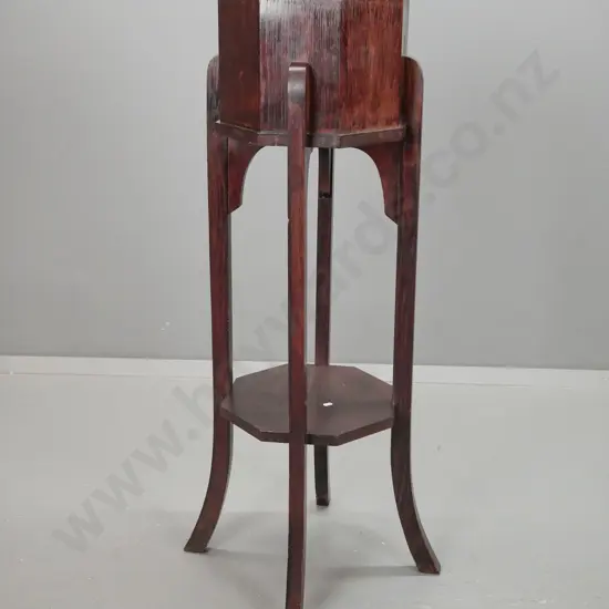 vintage oak jardiniere stand on 4 legs with octagonal top and lower shelf - some staining to shelf, a few chips to legs