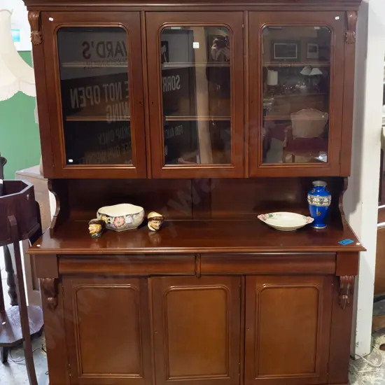 reproduction mahogany bookcase chiffoniere with 3 arched glazed doors, shaped cornice top, 2 full length adjustable
