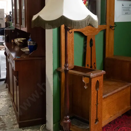 mahogany standard lamp with fluted turned column on 3 cab legs, with waisted frilled shade H-1660 Shade D-580