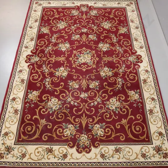 Belgian polyolefin floor rug - dark red, ivory and gold traditional floral spray pattern L-2310 W-1610