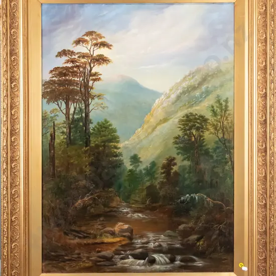 ornate gilt framed colonial oil on canvas - bush and stream scene - some crazing and signs of age