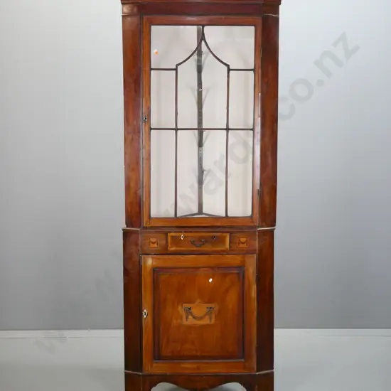mahogany late Georgian Adams-style corner cupboard w/ ebony and boxwood stringing, astragal glazed top cupboard, bone